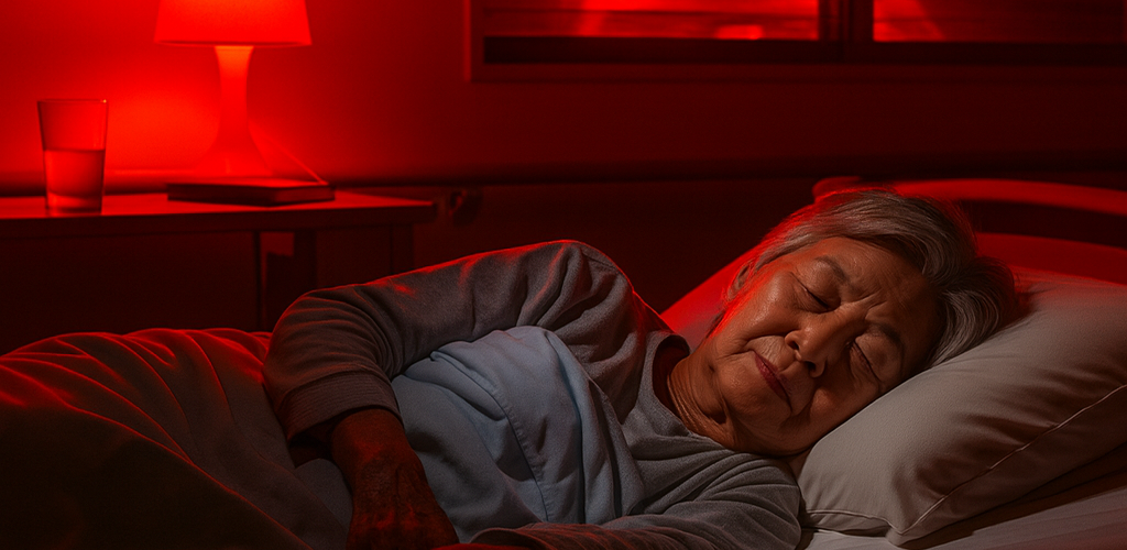 深夜の病室でモニターが赤い警告を示す様子