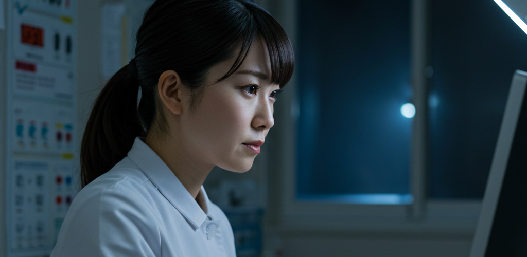 看護師がPC画面を真剣に確認している様子