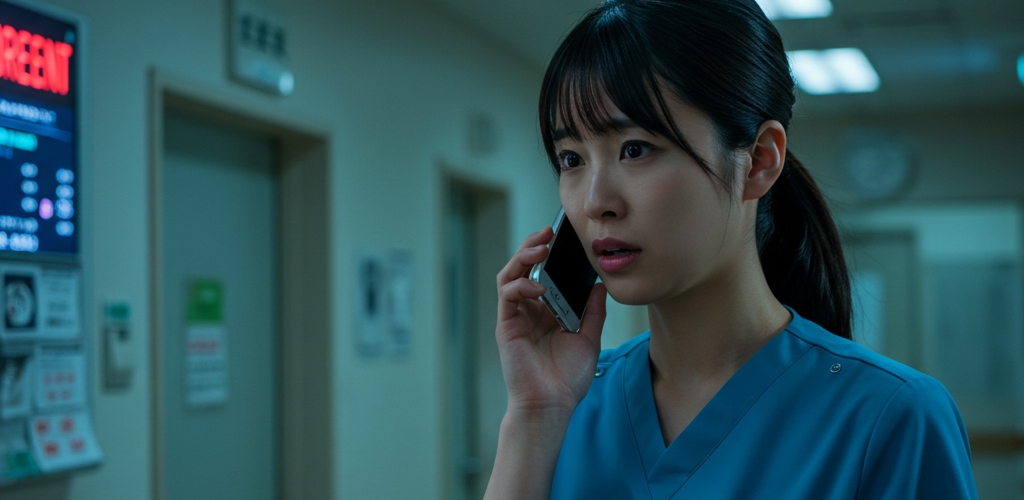 深夜に看護師が電話をかけている様子