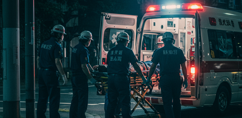 救急隊が患者をストレッチャーで搬送する様子