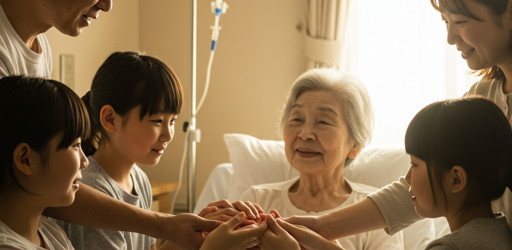 家族が病院で手を取り合い安堵する様子