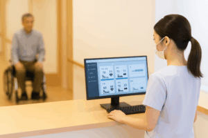 施設スタッフがPCモニターで利用者の状態を一括管理